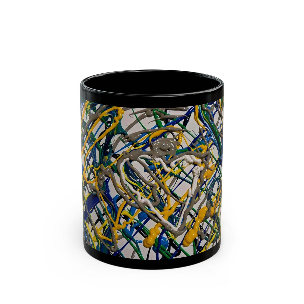 Abstract Drip Drizzle Art Black Coffee Mug — Colorful Paint Splash Design (11oz, 15oz)
